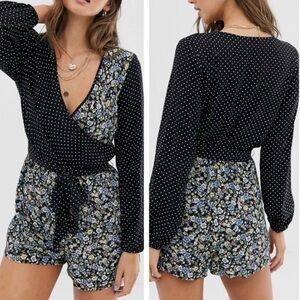 ASOS Black Floral Long Sleeve Wrap Romper